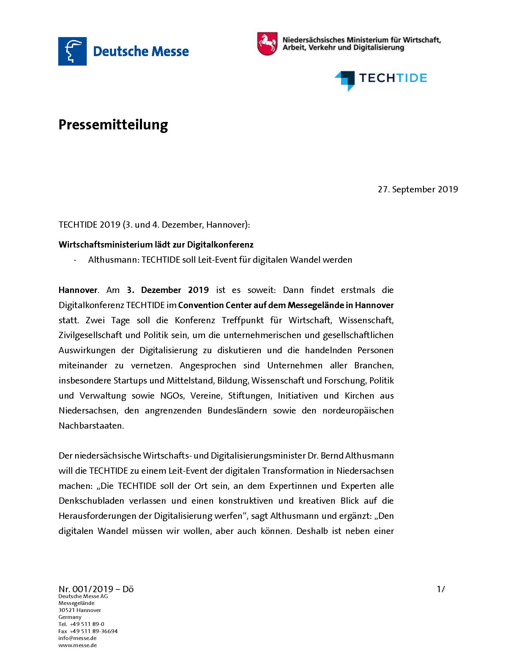 Einladung zur TECHTIDE 2019 - Pressemitteilung