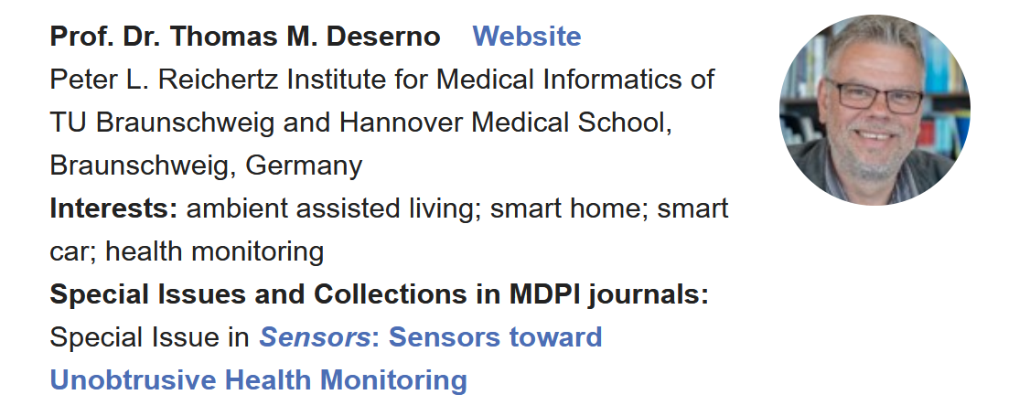 Special Issue "Sensors toward Unobtrusive Health Monitoring"- Prof. Deserno als Gastredakteur